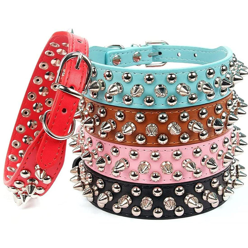 Spiked Leather Dog Collar Lead Set, Bullet Nail Rivet Dog Collar, Leather Dog Collar with Studs for Medium, Pitbull, English Bulldog (XXL, Pink)