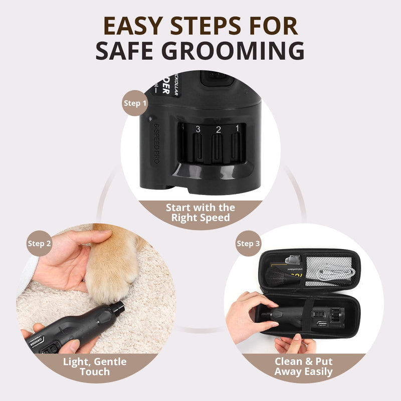 6-Speed Quiet Dog Nail Grinder with LED Light, Low-Vibration Electric Pet Nail Trimmer for Dogs and Cats, Safe Grooming Kit for Beginners, Complete Set with Storage Case
