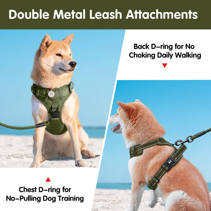PoyPet No Pull Dog Harness and 5 Feet Leash Set, Release on Neck Reflective Adjustable Pet Vest, Front & Back 2 D-Ring and Soft Padded Pet Harness with Handle for Small to Large Dogs(Military Green,L) L Military Green - PawsPlanet Australia