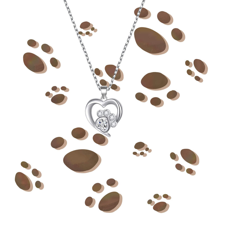 BEKECH Pet Lover Gifts Paw Print Necklace Cubic Zirconia Puppy Dog Cat Pet Paw Print Love Heart Pendant Necklace for Women silver