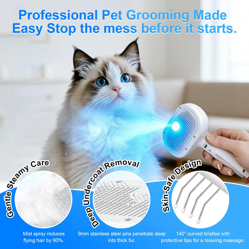 Pet Steam Brush for Dog & Cat - 4-in-1 Blue Light Steam Grooming Brush for Shedding & Hair Removal - Self Cleaning Spray Comb with Mist for Long Haired Pets - Includes 1*Waterless Shampoo, White.