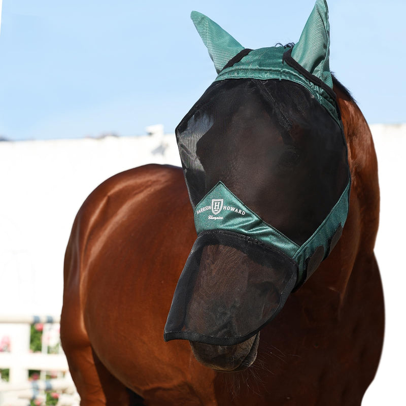 Harrison Howard Pro Luminous Horse Full Face Fly Mask Large Eye Space Long Nose with Ears UV Protection for Horse Hunter Green M