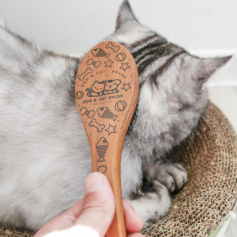 Pet Soft Brush with Wood Handle and Boar Bristle Hair - Soft Cat and Dog Grooming Brush for Short Hair Cats and Small Dogs - Gentle Massage and Dandruff Removal (Cat)