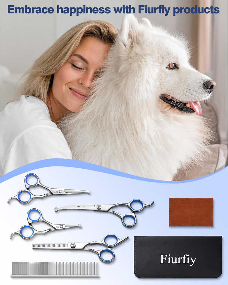 Furry Grooming Scissors with Safety Round Heads. Dog Grooming Scissors, 5CR 6 in 1 Dog Grooming Scissors, Curved Dog Grooming Scissors, Professional Pet Grooming Scissors Set for Dogs and Cats - PawsPlanet Australia