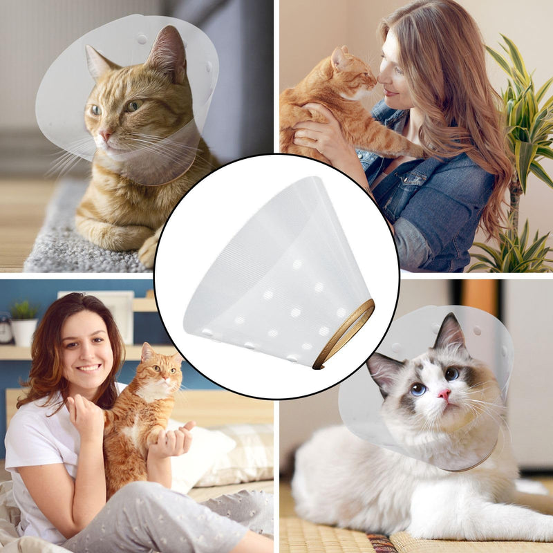 Adjustable plastic pet neck collar for cats and dogs. Prevents licking and chewing of wounds. Lightweight and safe for skin irritations and injuries.