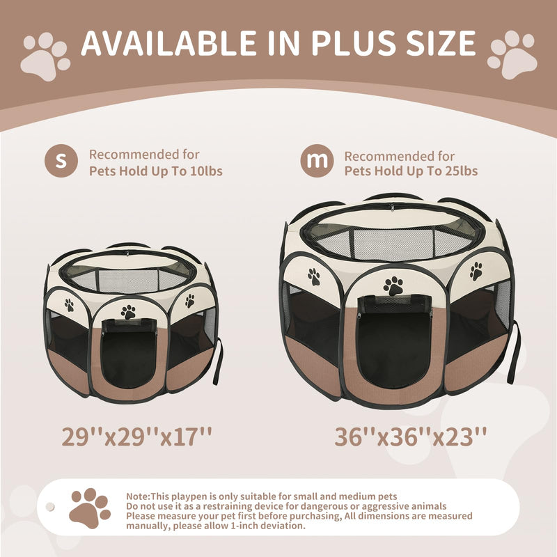 Dog playpen, Foldable Puppy Playpen, Pet Playpen Carrier Pop Up Tent 8-Panel Mesh Cover Adorable Design 600D Soft Oxford Playpen Kennel for Indoor-Outdoor Dog Cat Rabbit. (M 35" 35" 24", Brown) M 35" * 35" * 24" - PawsPlanet Australia