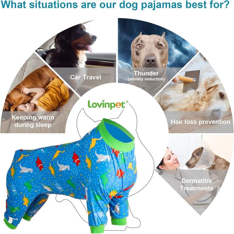 LovinPet Dog Post Surgery Onesie - Large Dog Pjs, Lightweight Stretchy Fabric, Blue Dinosaur Print, Sun Protection, Pitbull Clothes, Pet Anxiety Relief Shirt, Pet Pajamas for Dogs, Green Blue XL X-Large Blue Green - PawsPlanet Australia