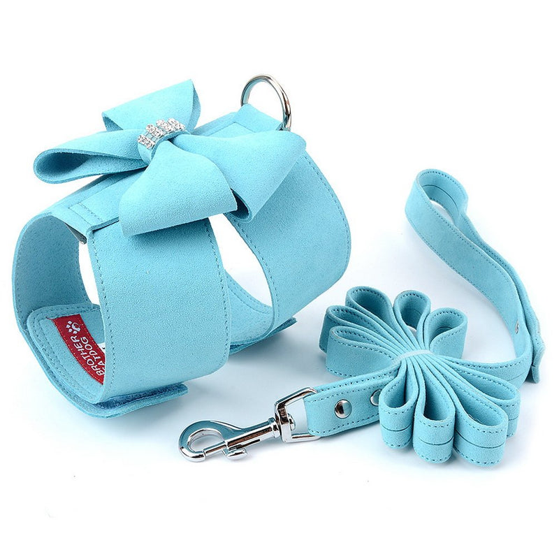 SELMAI Bling Rhinestone Dog Harness Bow Girls Soft Suede Leather for Small Pet Puppy Doggie Cat Girls Vest Collar Leash Set Adjustable/No Pull Chihuahua Yorkie Harness Walking Running Blue S - PawsPlanet Australia
