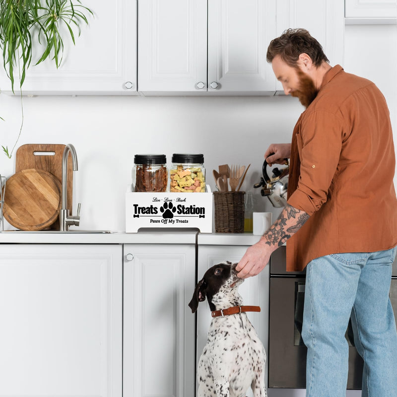 Dog Treat Container Dog Food Container for Dog Food Storage, Farmhouse Cat Food Container Pet Food Storage Organizer, Wood Dog Treat Holder with 2 Plastic Cat Dog Treat Jars, White Cat Treat Container White-2 Plastic Jars - PawsPlanet Australia
