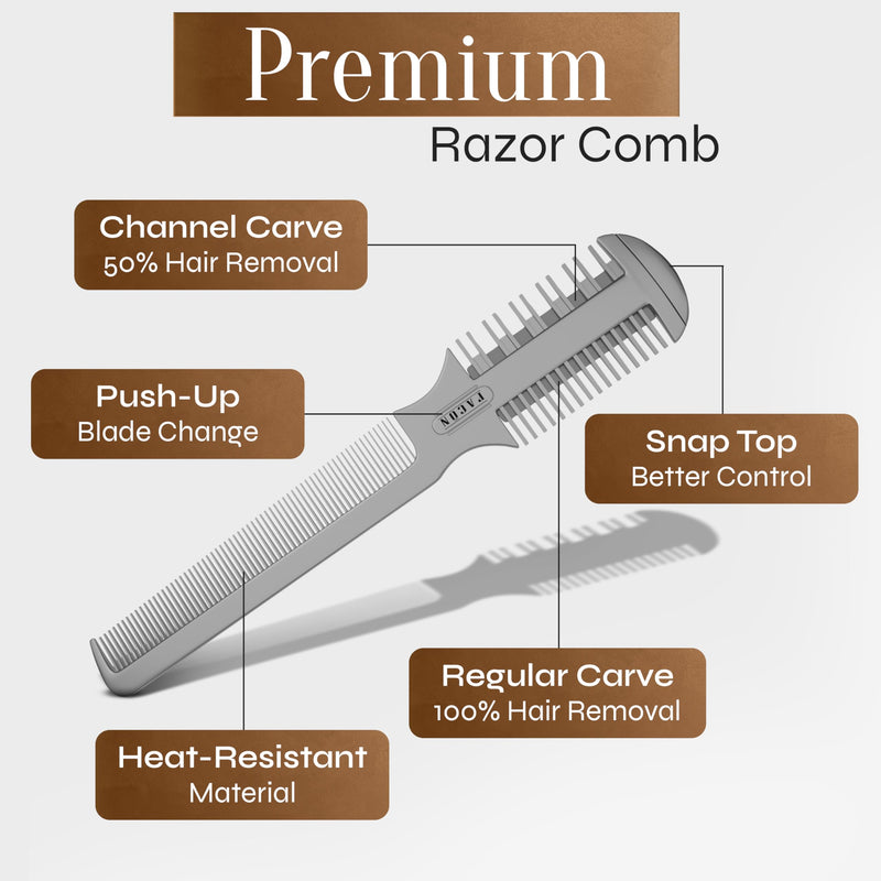 Facón Razor Comb for Hair Cutting - Professional Hair Cutting Comb Kit with 12 Replacement Blades, Double Edge Shaper for Salon & Home, Premium Styling Thinning Texturizing Split Ends Trimming Razor The Swift (Silver) - PawsPlanet Australia