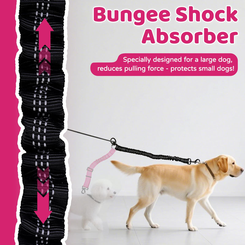 Double Dog Leash Coupler-360° Swivel, No Tangle Dual Walking Leash Attachment with Adjustable Strap & Reflective Shock Absorbing Bungee, Split Lead for Two Different Size Dogs - PawsPlanet Australia
