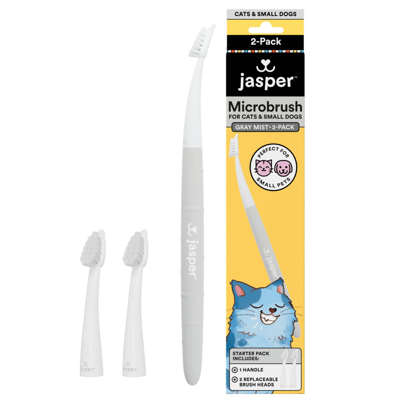 Jasper Microbrush Vet Approved Cat Toothbrush, Soft-Bristled Toothbrush Kit for Felines & Small Dogs, Non-Slip Handle with 2 Replaceable Tooth Brush Heads, Use with Cat Toothpaste, 2-Pack, Gray Mist Gray 2 Pack