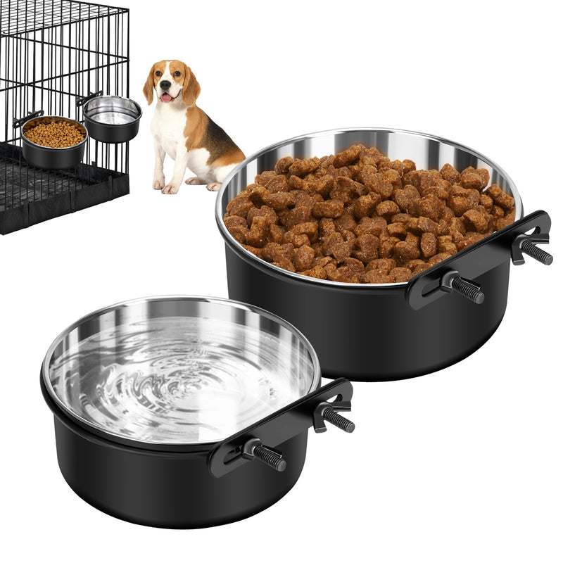 Dog Crate Water Bowl No Spill, 2 Pack Dog Crate Bowls Hanging, Kennel Water Food Bowls Mountable, Pet Cage Accessories Feeder Dish, Stainless Steel Coop Cup for Cat Puppy Bunny Guinea Pig Ferret Bird M(6.3*2.6'' & 5.5*2.4'') Black