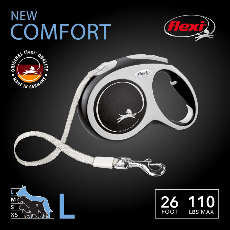FLEXI® New Comfort Tape Retractable Dog Leash for Large Dogs Upto 110 lbs. – 26 ft., Nylon, Grey/Black| Tangle Free Pet Walking Leash with One-Handed Brake, Pause, Lock |German Quality Product Large - 26 Feet - PawsPlanet Australia