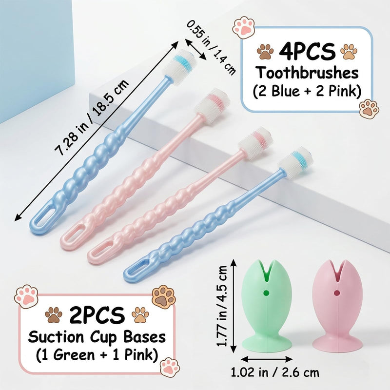 ElevateTech Small Dog and Cat Toothbrush, 4 Pcs 360 Degree Pet Toothbrushes Soft Silicone Cat Puppy Tooth Brushing Kit with 2Pcs Suction Cup Toothbrush Holder for Kitten Tiny Pet Teeth Cleaning
