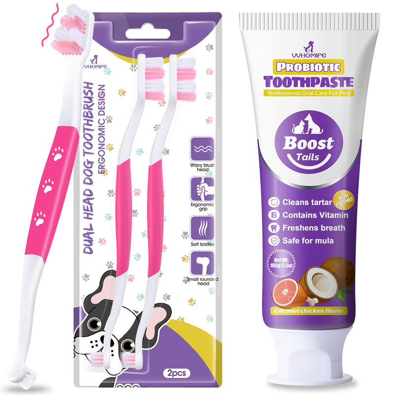 Dog Toothbrush – Newly Upgraded Dual-Head Design with 60° Wavy Bristles +Natural Coconut Oil Cat & Dog Toothpaste