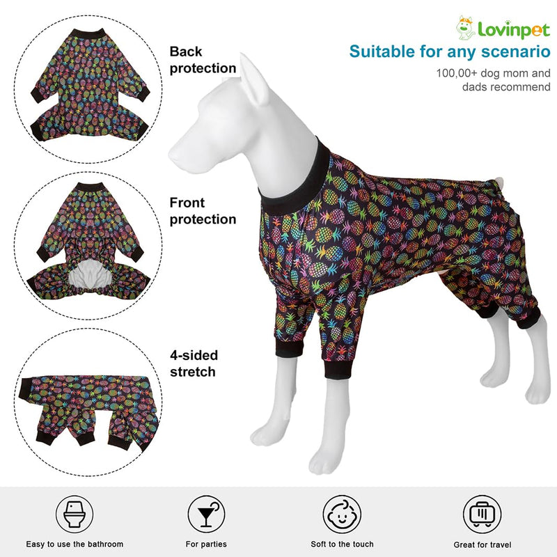 LovinPet Large Dog Clothes for Pitbulls Male, Dog Onesie with Uv Protection,Anxiety Calming Dog Shirt,Lightweight Fabric,Pinapple Paradise Black Print, Onesies for Dogs, Pajamas for Pitbulls, 2XL