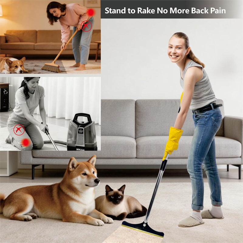 B-Land Carpet Rake for Pet Hair Removal, Reusable Pet Hair Removal Tool Cat Dog Hair Remover with 60” Long Adjustable Handle, Carpet Brush Carpet Scraper Pet Hair Remover Broom Black