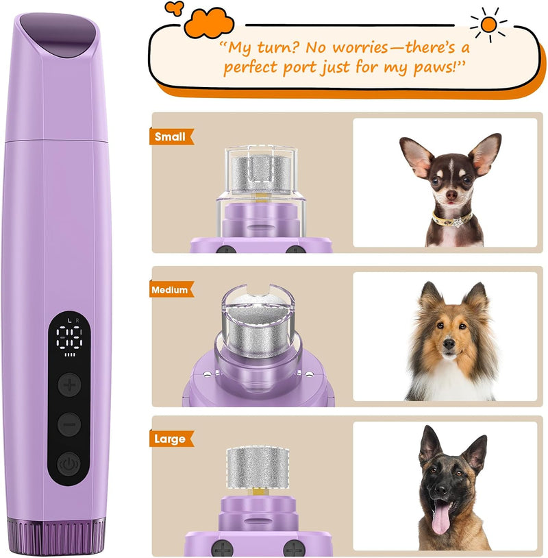 Dog Nail Grinder & Clipper 2-in-1 Set - 25dB Ultra Quiet with 3 Grinding Wheels & 2 LED Lights, Rechargeable for Large/Puppy Dogs & Cats, 3-Speed Adjustable for Anxious Pets Purple