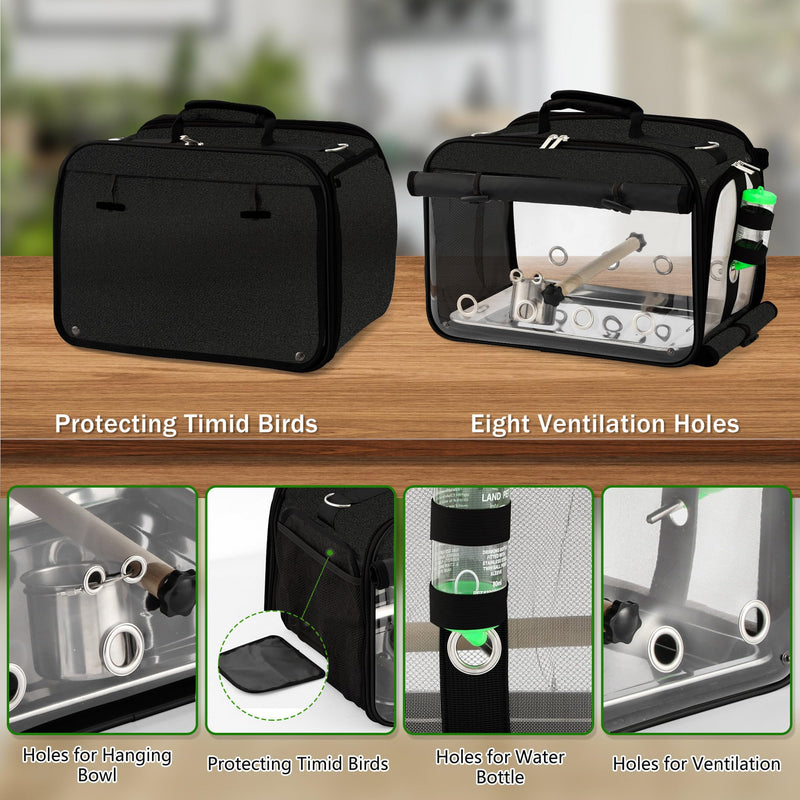 Suertree Bird Carrier Airline Approved, Bird Travel Cage with Indestructible Stainless Steel Mesh, Bird Travel Bag Lightweight and Portable with Water Bottle and Bowl Black
