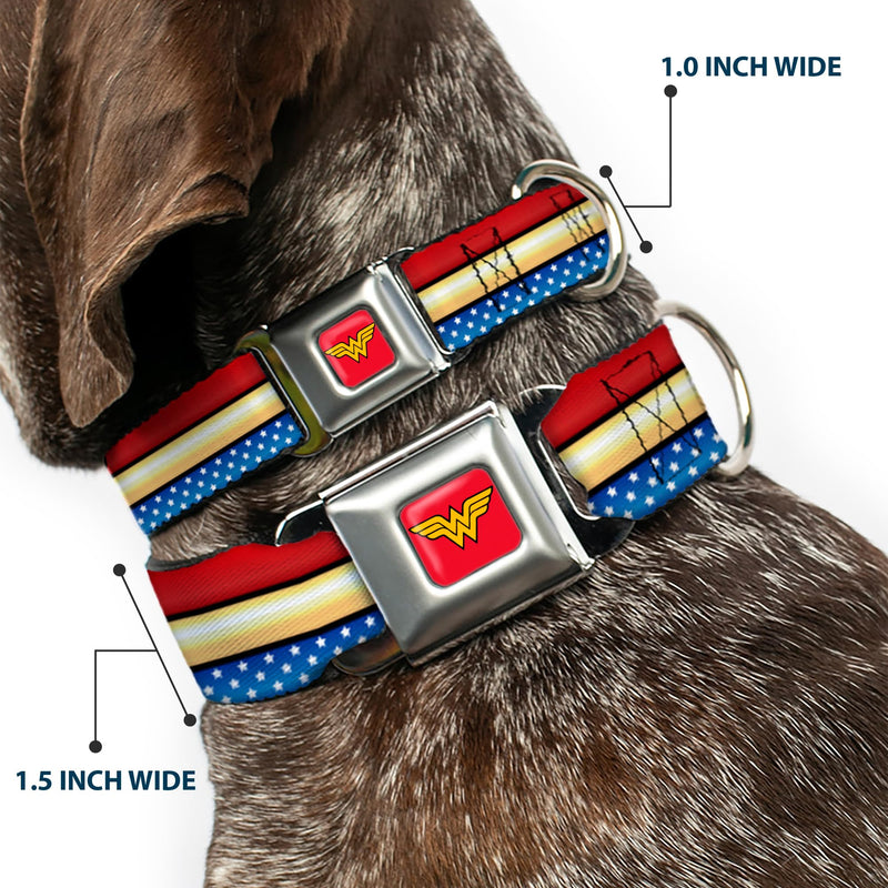 Buckle Down DC-WWW040-WS Seatbelt Dog Collar, Wide Small, Wonder Woman Logo Stripe/Stars Red/Gold/Blue/White (repeat WW logo) 1.5" Wide - Fits 13-18" Neck - Small Wonder Woman Logo Stripe/Stars Red/Gold/Blue/White (repeat WW logo) - PawsPlanet Australia