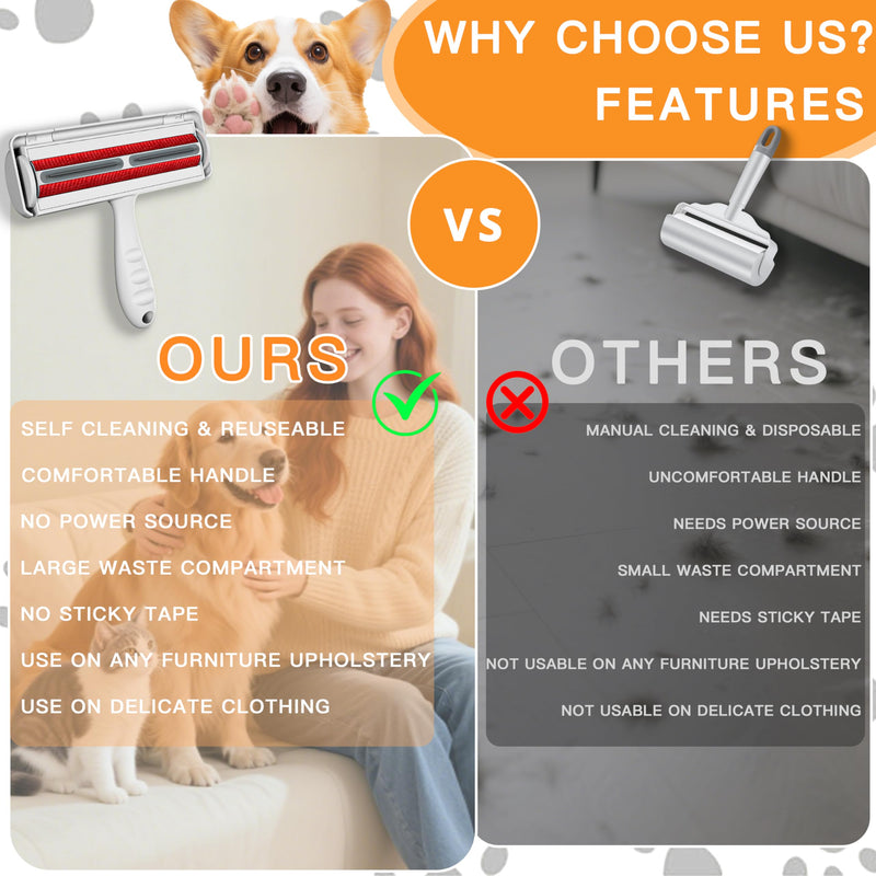 Pet Hair Remover Roller & Self-Cleaning Grooming Brush (2-in-1), Reusable Fur Tool for Dogs Cats Shedding, No Sticky Sheets for Pet Hair Removal on Furniture, Couch, Carpet, Bedding, Car Seats Silver - PawsPlanet Australia