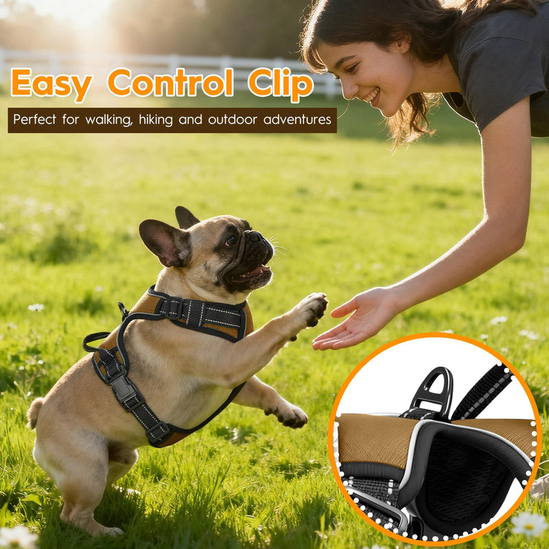 No Pull Dog Harness, No Chock Reflective Adjustable Soft Padded Pet Vest with Easy Control Handle, Easy Wearing with Stylish, Reinforced Knot, 2 Buckles Medium Brown - PawsPlanet Australia