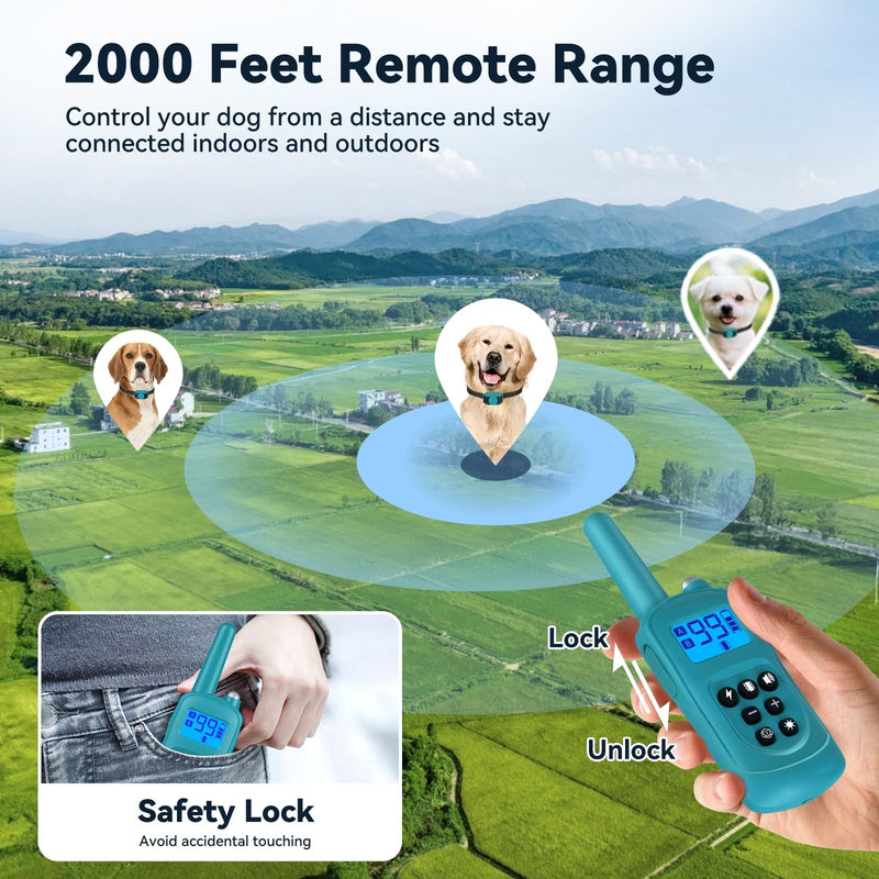 Smallest Dog Training Collar for 3 Dogs，Dog Shock Collar with Remote Control(5–120Lbs), 2000ft Range，4 Training Modes，Waterproof Rechargeable Electric Dog Collar for Small Medium Large Dogs，Cyan Cyan and Pink - PawsPlanet Australia