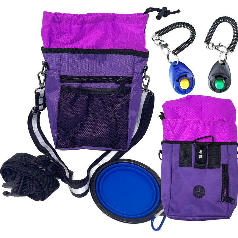 Jalousie Dog Training Pouch with Training Clicker and Water Bowl - 5 Ways to Wear - Carry Toys, Treats for Positive Reinforcement - Built-in Poop Bag Dispenser (Purple) Purple