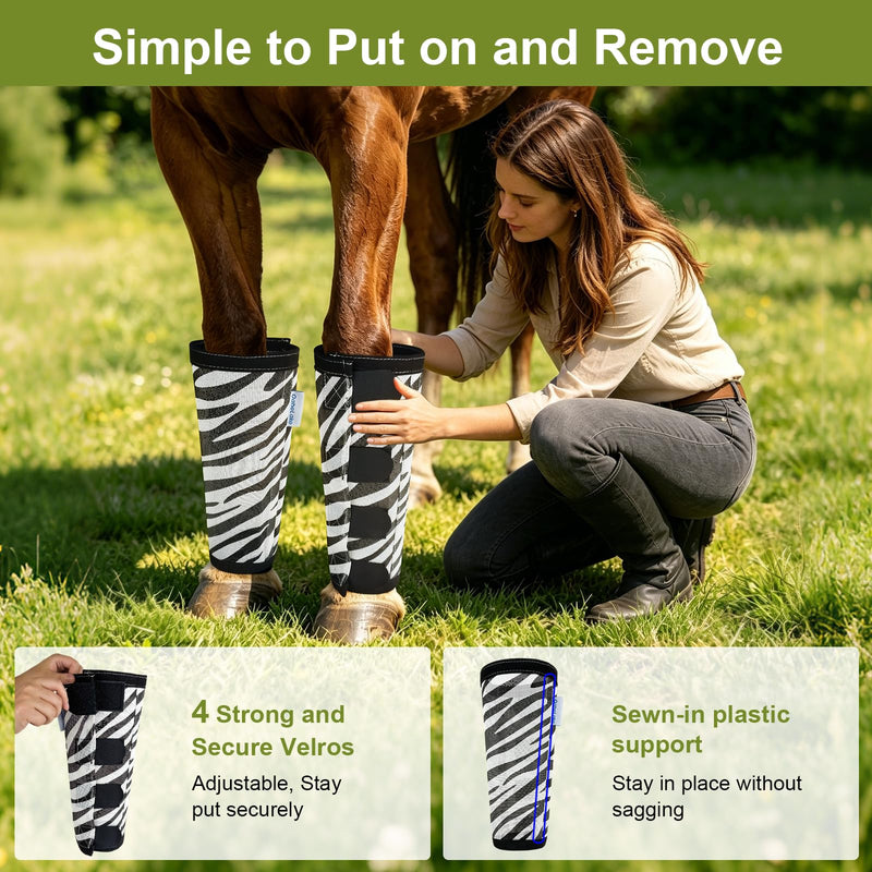 Zebra-Print Horse Fly Boots Set of 4, Soft Top Loose Fitting Leggings for Horses, Zebra Pattern Style Design, Equine Breathable Adjustable 4 Leg Wraps Socks, Reliable Leg Guards for 4 Legs Zebra set of 4