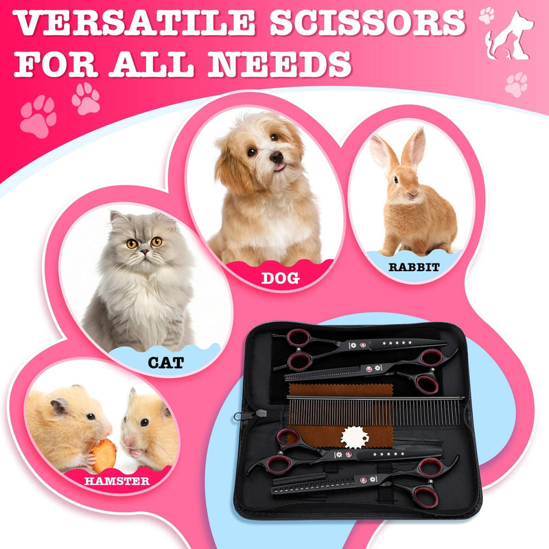 Dream Reach Dog Grooming Scissors - 7" Professional 6 in 1 Sharp Dog Shears Set Thinning, Chunker, Straight, Curved Shears and Comb for Dog Cat Pet, Pink 7 Inch