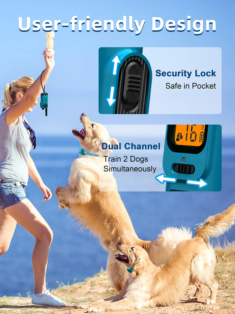 Bousnic Dog Training Collar with Remote - 4000ft Waterproof Dog Shock Collars 2 Dogs for Large Medium Small Dogs Rechargeable E Collars for Dogs Training with Beep Vibration Humane Shock(1-16) Mode Lake blue