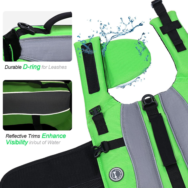 VIVAGLORY Front Float Dog Life Vest, Dog Life Jacket for Swimming & Boating, Swimming Vest with Chin Float & Handle, Ripstop & Buoyancy for Puppy Doggy, M, Bright Green M: 21-25 inch (Ribcage Girth) - PawsPlanet Australia