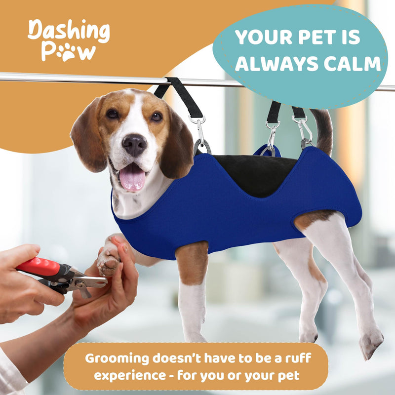 Dog Grooming Hammock – Sturdy & Safe Dog Hammock for Grooming with Durable Carabiner Clips & Straps – Soft, Comforting Dog Grooming Harness – Pet Grooming Hammock + Nail Trimmer for Large Dogs Large - Up to 65 Pound Blue - PawsPlanet Australia