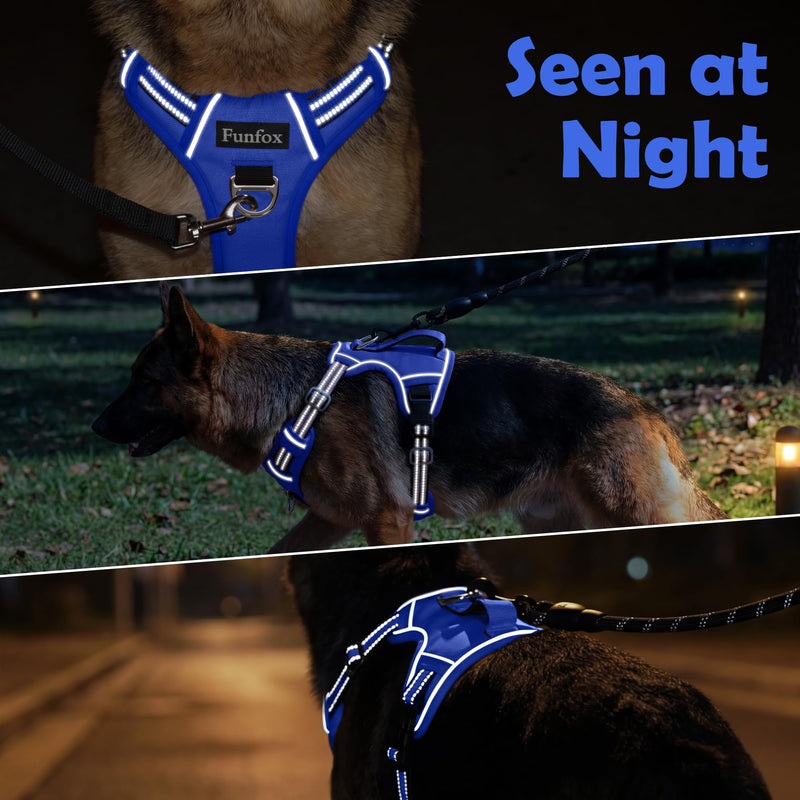 Funfox Dog Harness Medium No Pull, Adjustable 2 Clips Anti-Pull Vest with Practical Handle, Breathable Padded Pet Harness Designed for Small/Large Breeds, Reflective Training Walking Blue M
