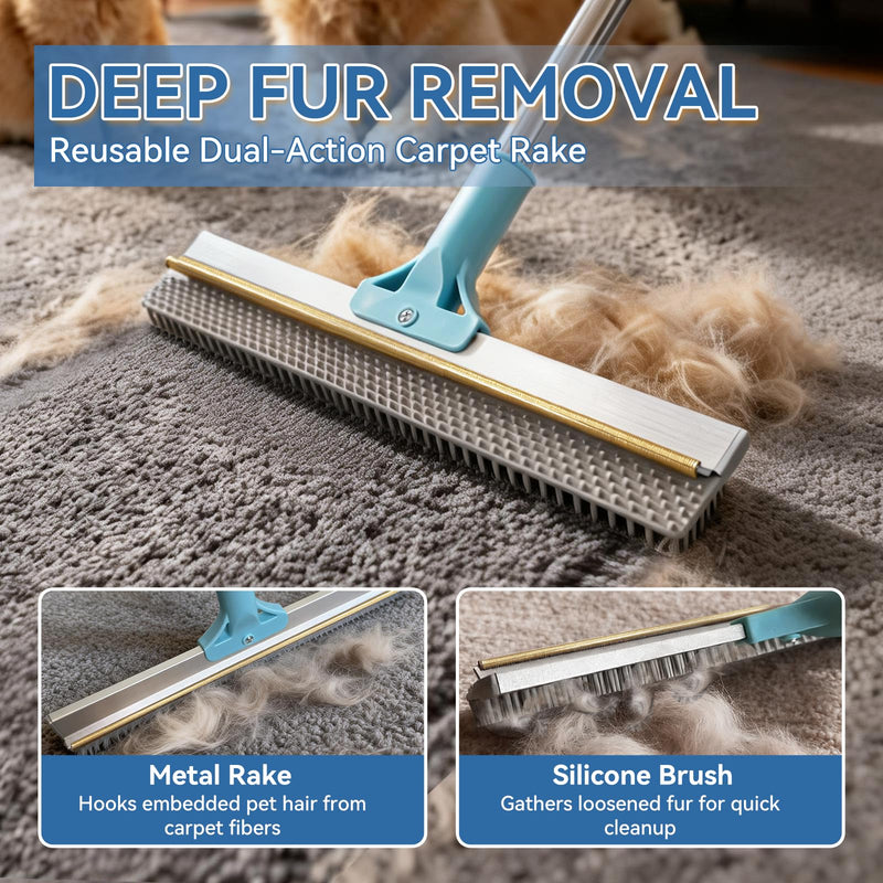 BFNN Carpet Rake for Pet Hair Removal | Reusable Dual-Action Carpet Broom Tool with Metal Scraper & Silicone Brush | 54" Adjustable Handle | 3Pcs Cat & Dog Fur Cleaning Kit for Rugs, Couch & Furniture Blue