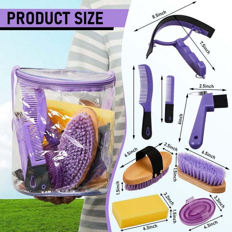Cunhill 9 Pcs Horse Grooming Kit Tack Room Supplies Set with Tote Bag, Oval Massage Curry, Hard and Soft Brush, Hoof Pick, Sweat Scraper, Bathing Sponge, Comb for Horse Rider(Cute,Purple) Cute Purple