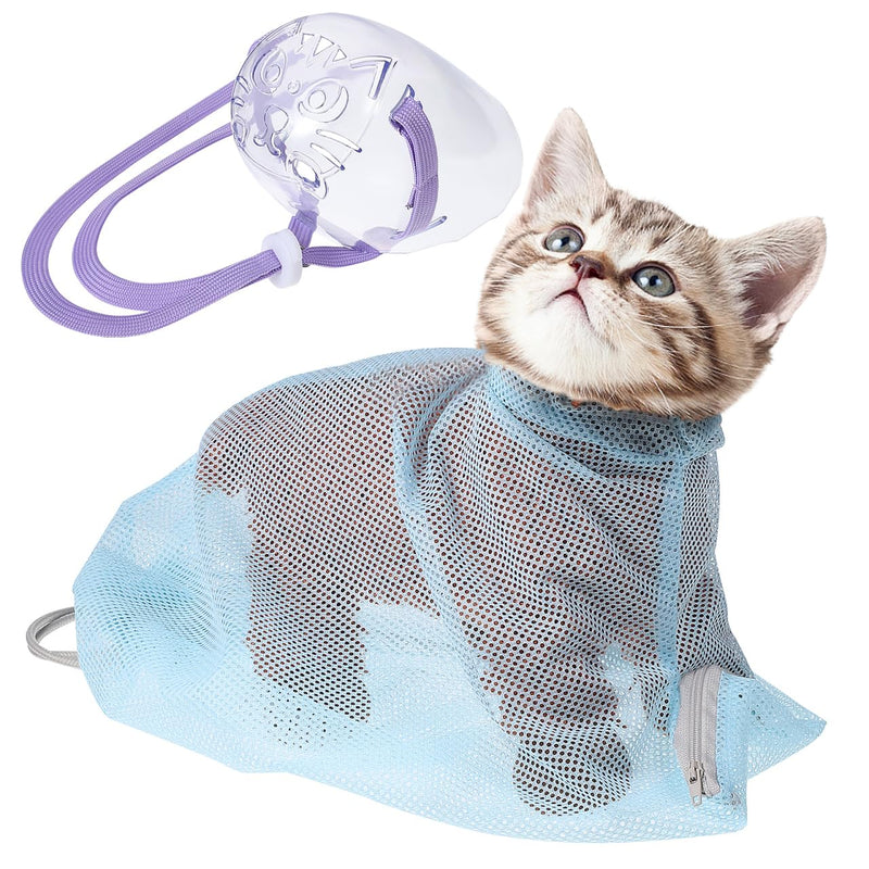 Cat Bathing Bag with Adjustable Zipper and Breathable Mesh for Grooming Nail Trimming and Ear Cleaning Includes Cat Muzzle 4.53X2.95X5.12 Inches - PawsPlanet Australia