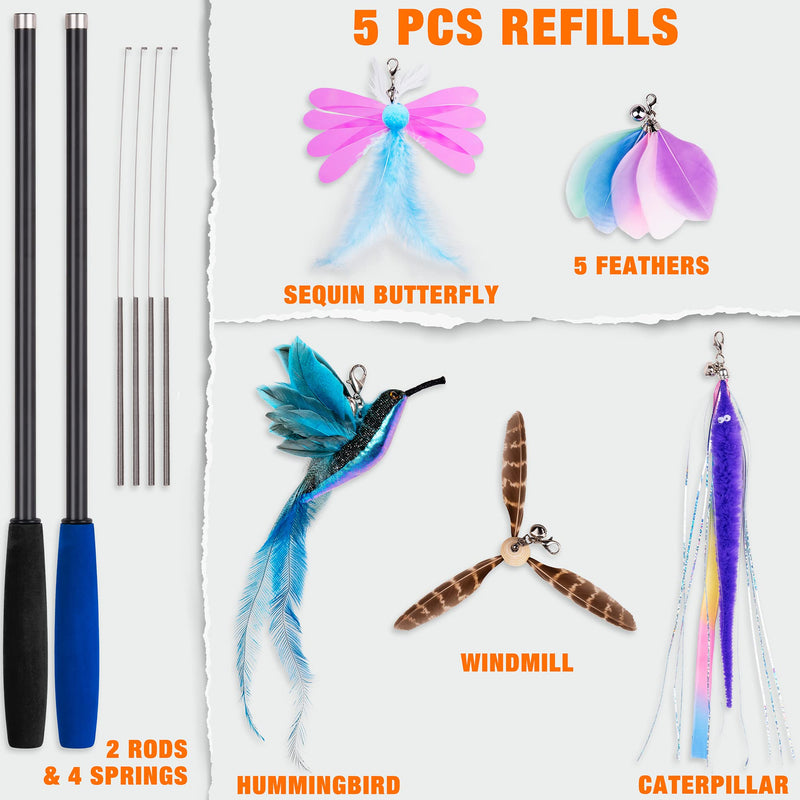 JXFUKAL 2024 latest Cat Toys, 2 in 1 Spring Cat Wand Toy with 2PCS Ultra-long Cat Teaser, 4PCS Spring Steel Wire & 5PCS Feather Refills for Kitty Kitten Indoor Cats Cat Accessories