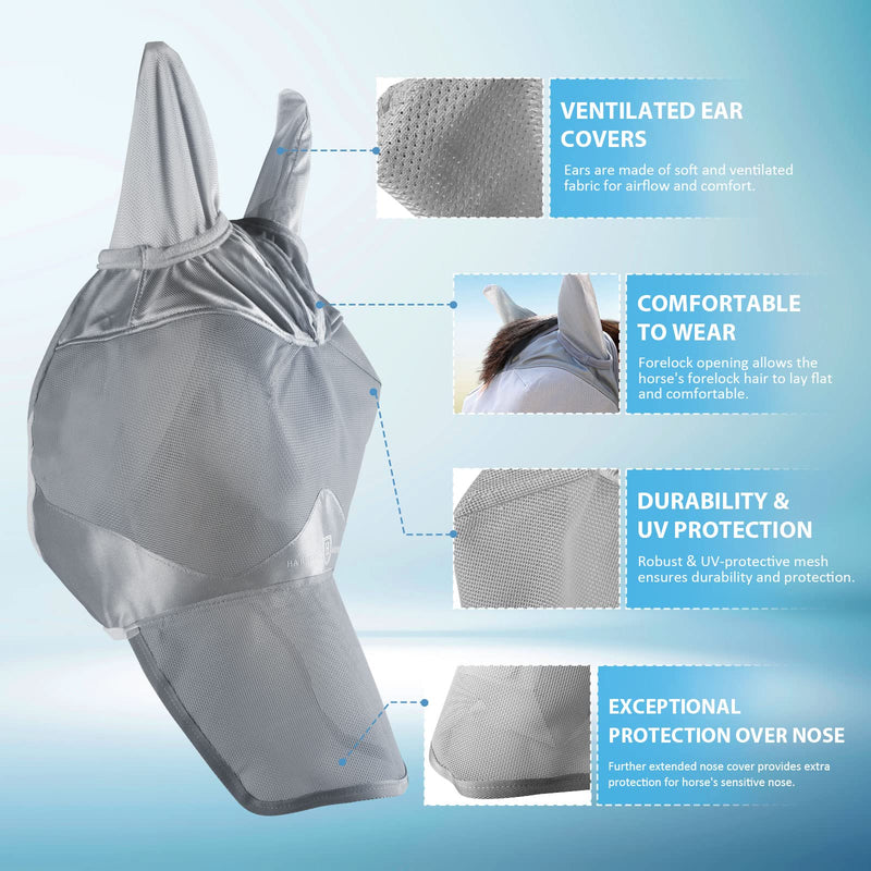 Harrison Howard Horse Fly Mask Long Nose with Ears Original Grey Warmblood Extra Large Warmblood (X-Large) - PawsPlanet Australia