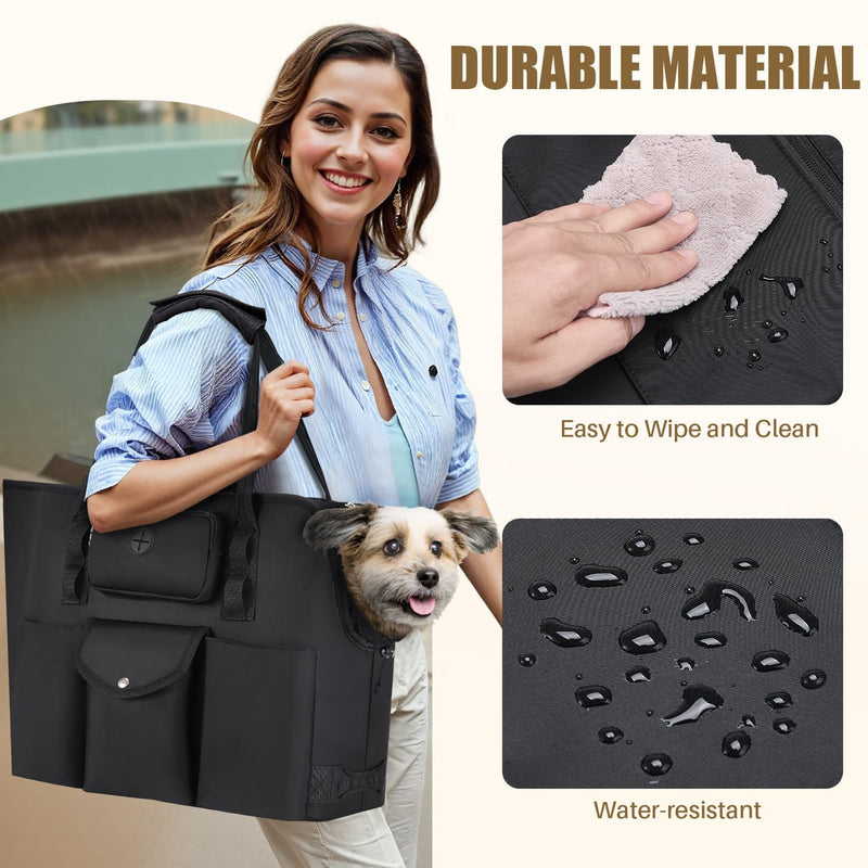SlowTon Dog Purse Carrier - Portable Dog Carrier with Pockets & Safety Leash for Small Dogs Under 12 lbs, Breathable Pet Tote Bag for Cat Rabbit Outing, Travel, Vet (Black) Black