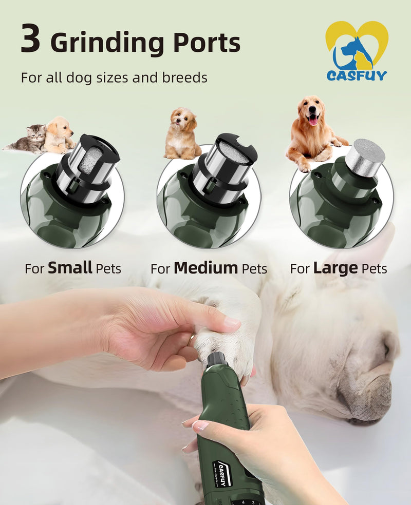 Casfuy Dog Nail Grinder Quiet - (45db) 6-Speed Pet Nail Grinder with 2 LED Lights for Large Medium Small Dogs/Cats, Professional 3 Ports Rechargeable Electric Dog Nail Trimmer with Dust Cap Armygreen
