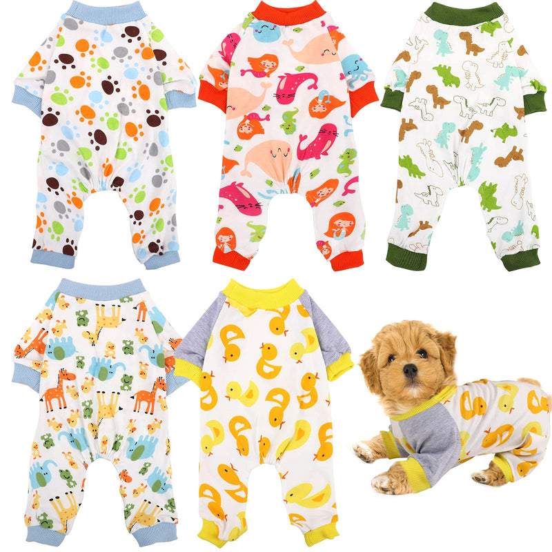 URATOT 5 Pieces Puppy Dog Pajamas Pet Jumpsuit Soft Puppy Rompers Pet Dog Cute Clothes Onesies Puppy Bodysuits for Pet Puppy Dog Cat, 5 Styles (Small) Dog Paw, Dinosaur, Mermaid, Yellow Duck, Giraffe Small