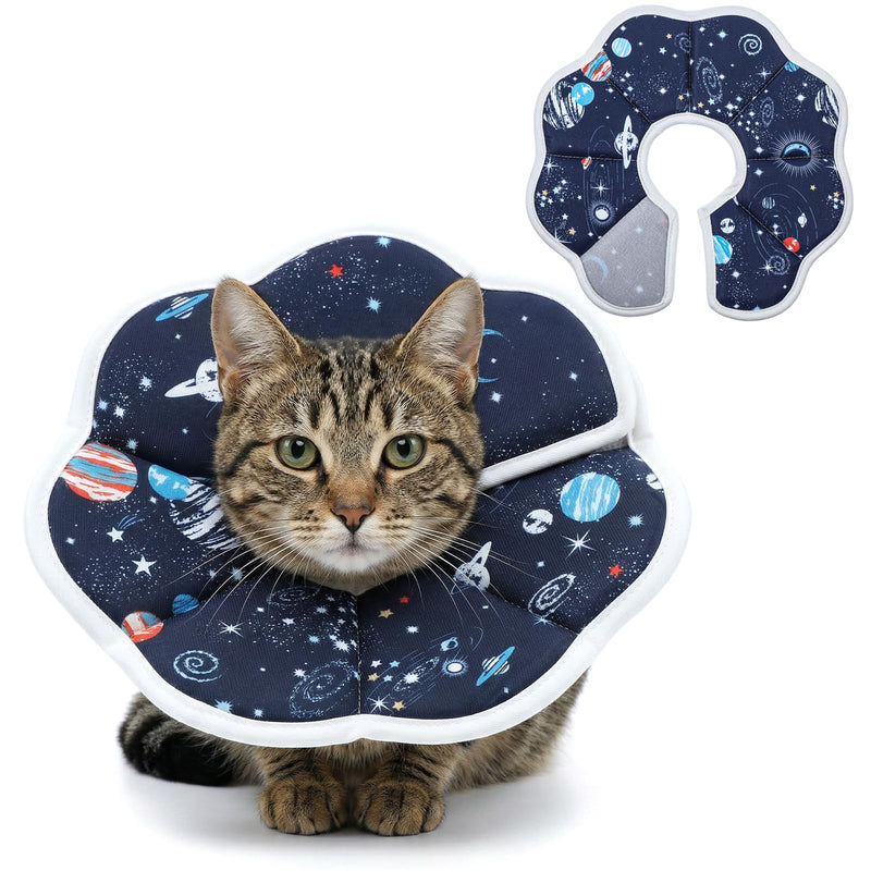 Soft Cat Cone Collar for Cats - Adjustable Recovery Cone After Surgery, Comfortable Elizabethan Collar to Stop Licking for Kittens & Puppies, Polyester, Blue with Space Print (M,10.63 in)
