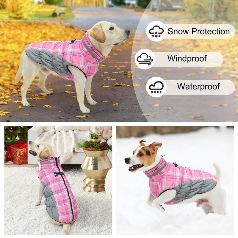 BEAUTYZOO Plaid Dog Coat, Upgraded Reflective Jacket Fleece Padded with Built-in Harness, Waterproof Puffer Vest Turtleneck Pet Apparel for Small to Large Dogs, Pink XXXL XXXL (Back: 27.8",Chest: 43.3", Neck: 29.7")