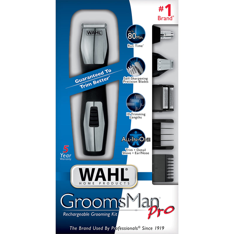 Wahl 9855-300 Groomsman Pro All-in-one Rechargeable Grooming Kit, Black/Silver 11 Piece Set - PawsPlanet Australia