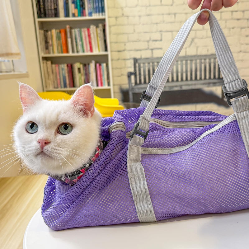Cinf Cat Bathing Bag(Free Muzzle) Breathable Mesh Anti Scratch Adjustable Cat Grooming Bag for Nail Trimming, Bathing Soft Cat Washing Bag(Taro) L L-Drama Cat Taro