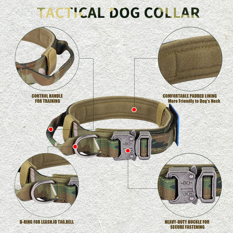 Tactical Dog Collar and Bungee Leash, Camo Military Dog Collar & Leash Set with USA American Flag Adjustable K9 Collar with Heavy Duty Metal Buckle & Handle,with Patches and Airtags Case (XL, Camo) XL - PawsPlanet Australia