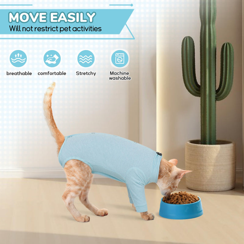 PUMYPOREITY Adjustable Cat Recovery Shirt, Front Leg Injury Suit, Stretchable & Comfortable, Anti-Licking Long Sleeve Wound Cover, Prevents Scratching & Biting, Machine Washable, Blue, L Large - PawsPlanet Australia