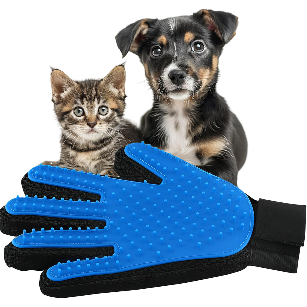 Pet Hair Remover Glove - Deshedding Tool for Dogs & Cats - Gentle Grooming Mitt with Five Finger Design - Long & Short Fur - Single Pack (Right Hand) - Blue